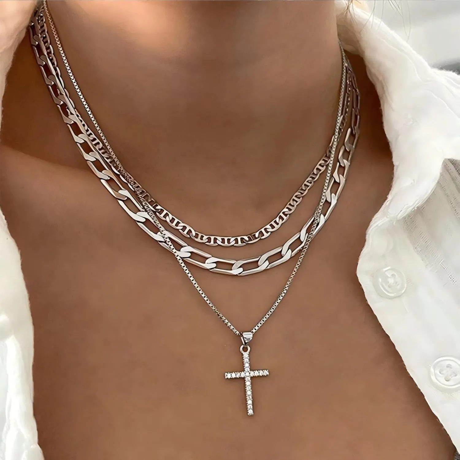 Layered Cross Necklace for Women Dainty Cuban Chain CZ Cross Pendant Necklaces Trendy Stackable Layering Necklaces Jewelry