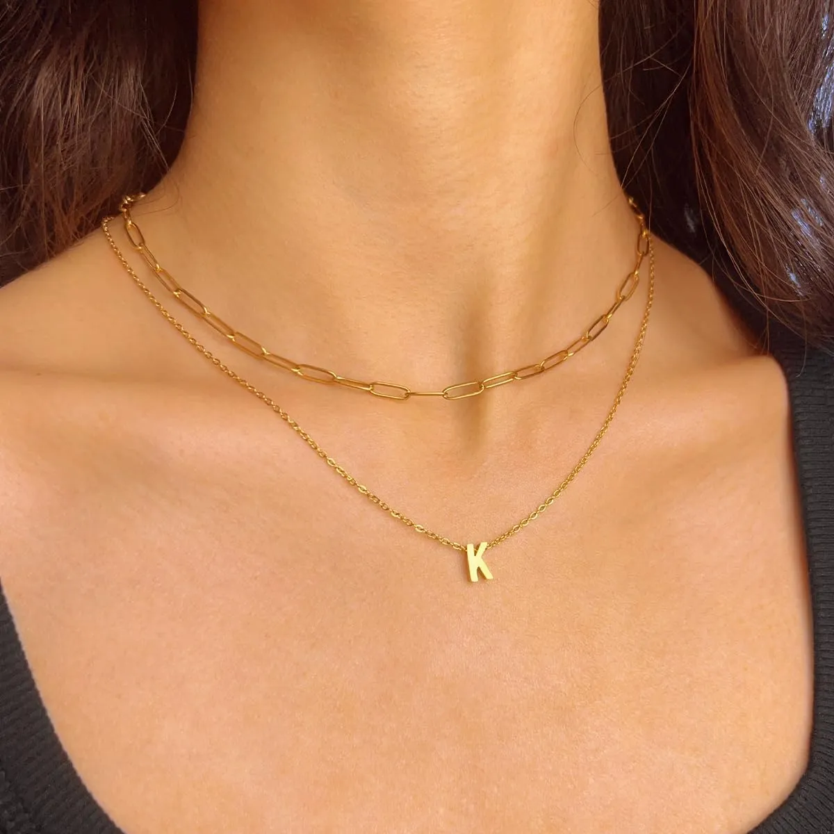 Layered Gold Initial Necklaces for Women, 18k Gold Letter Necklace Stack Charms Dainty Gold Plated Choker Paperclip Chain Pendant Jewelry Necklace Set for Women