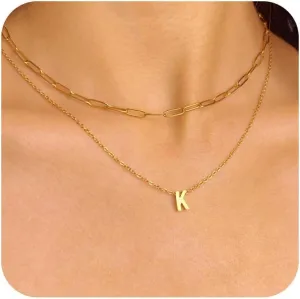 Layered Gold Initial Necklaces for Women, 18k Gold Letter Necklace Stack Charms Dainty Gold Plated Choker Paperclip Chain Pendant Jewelry Necklace Set for Women