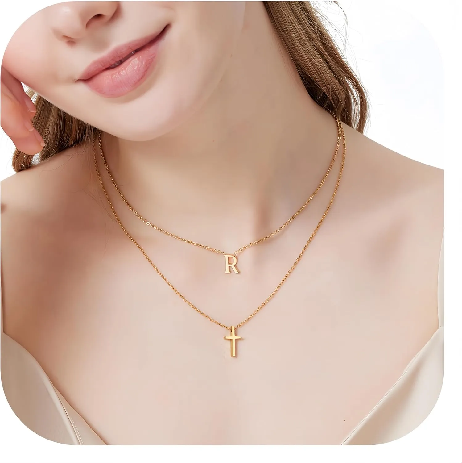 Layered Initial and Cross Necklaces for Women Dainty Christian Jewelry Personalized Name Necklace Christian Gift for Her Elegant 18k Gold Plated Initial Necklace for Women