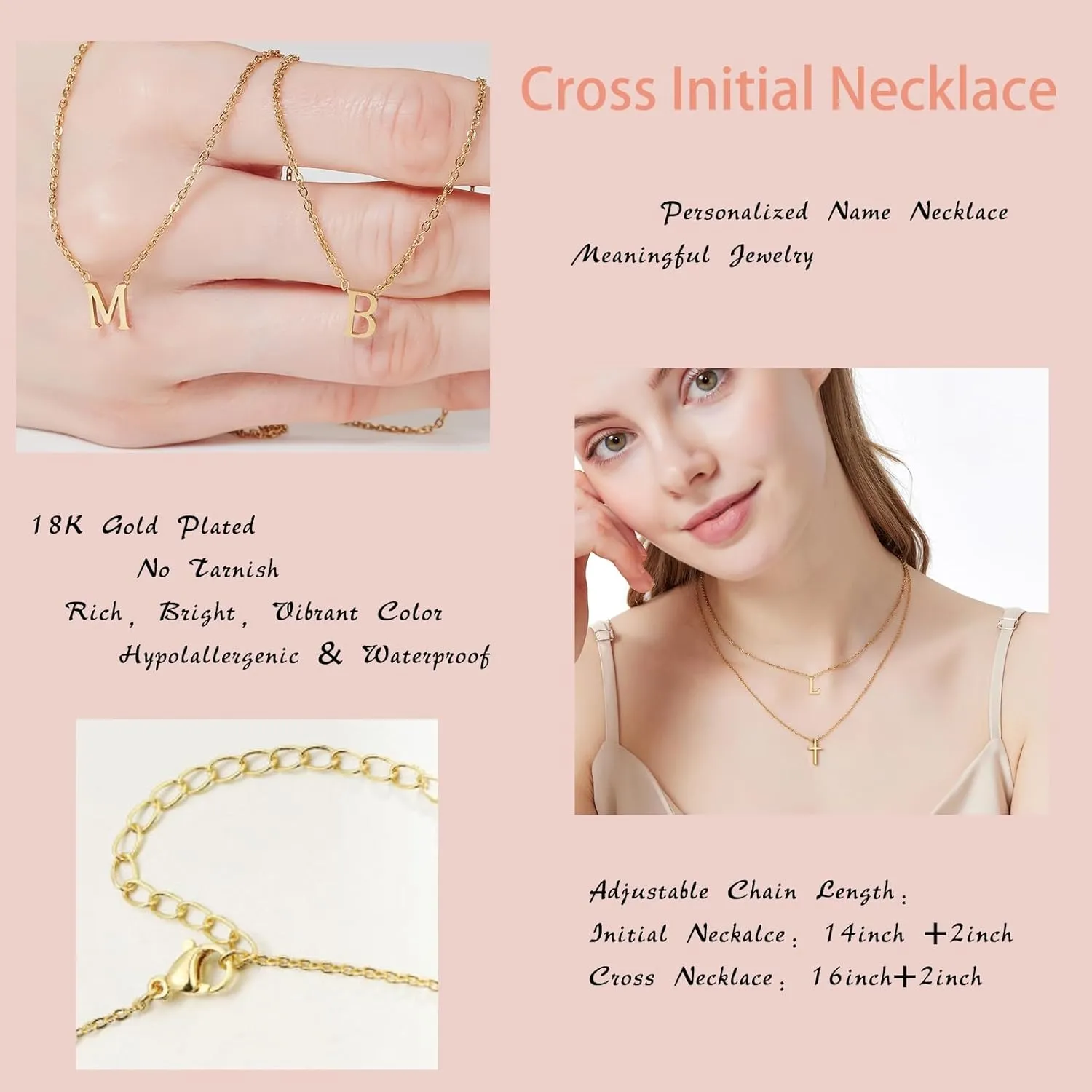 Layered Initial and Cross Necklaces for Women Dainty Christian Jewelry Personalized Name Necklace Christian Gift for Her Elegant 18k Gold Plated Initial Necklace for Women