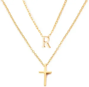 Layered Initial and Cross Necklaces for Women Dainty Christian Jewelry Personalized Name Necklace Christian Gift for Her Elegant 18k Gold Plated Initial Necklace for Women