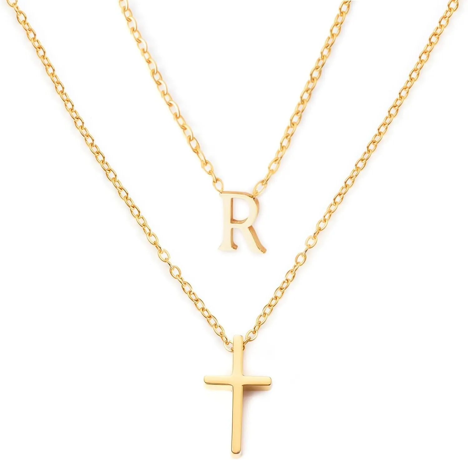 Layered Initial and Cross Necklaces for Women Dainty Christian Jewelry Personalized Name Necklace Christian Gift for Her Elegant 18k Gold Plated Initial Necklace for Women