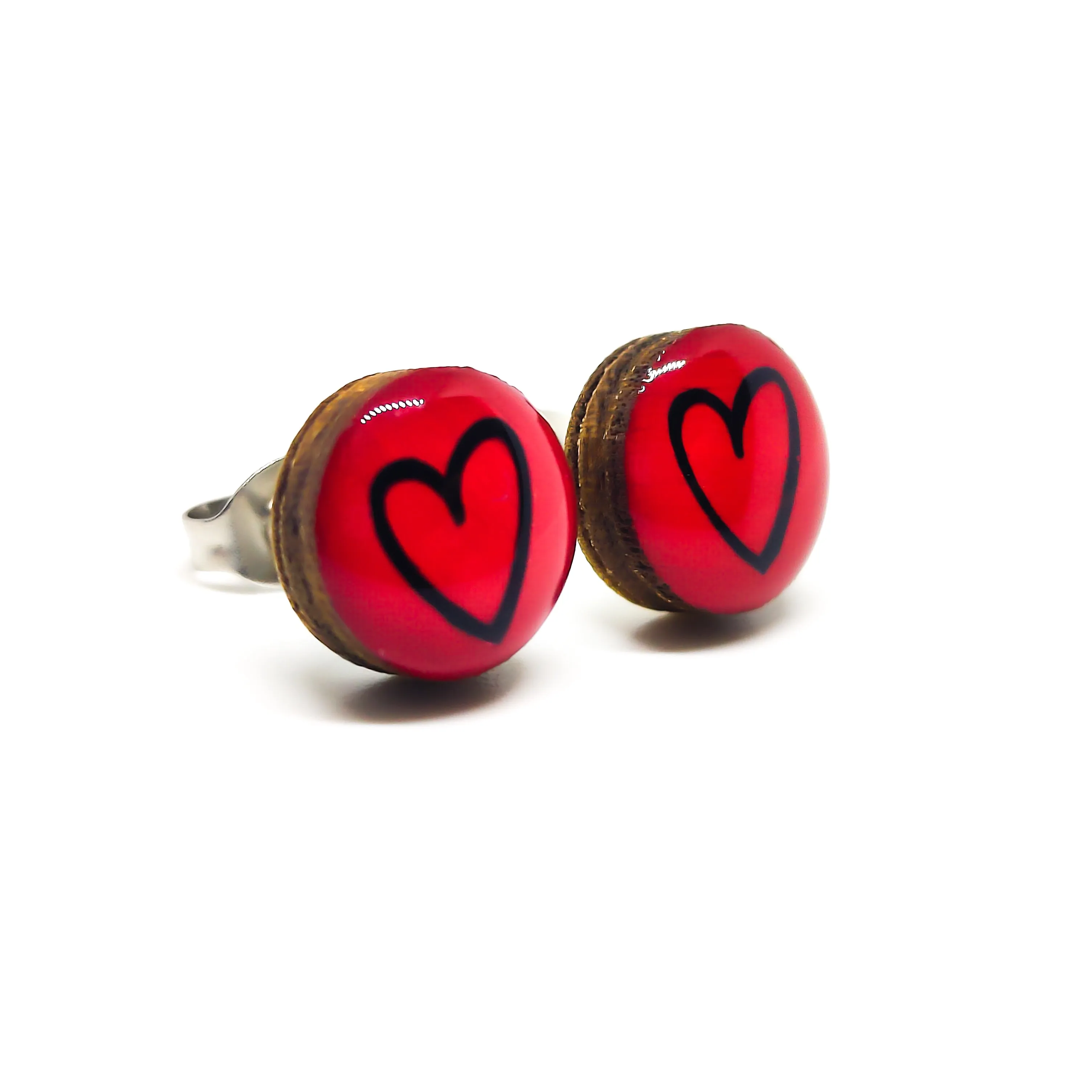 Lipstick Red & Black Hand Drawn Heart Stud Earrings by Candi Cove Designs