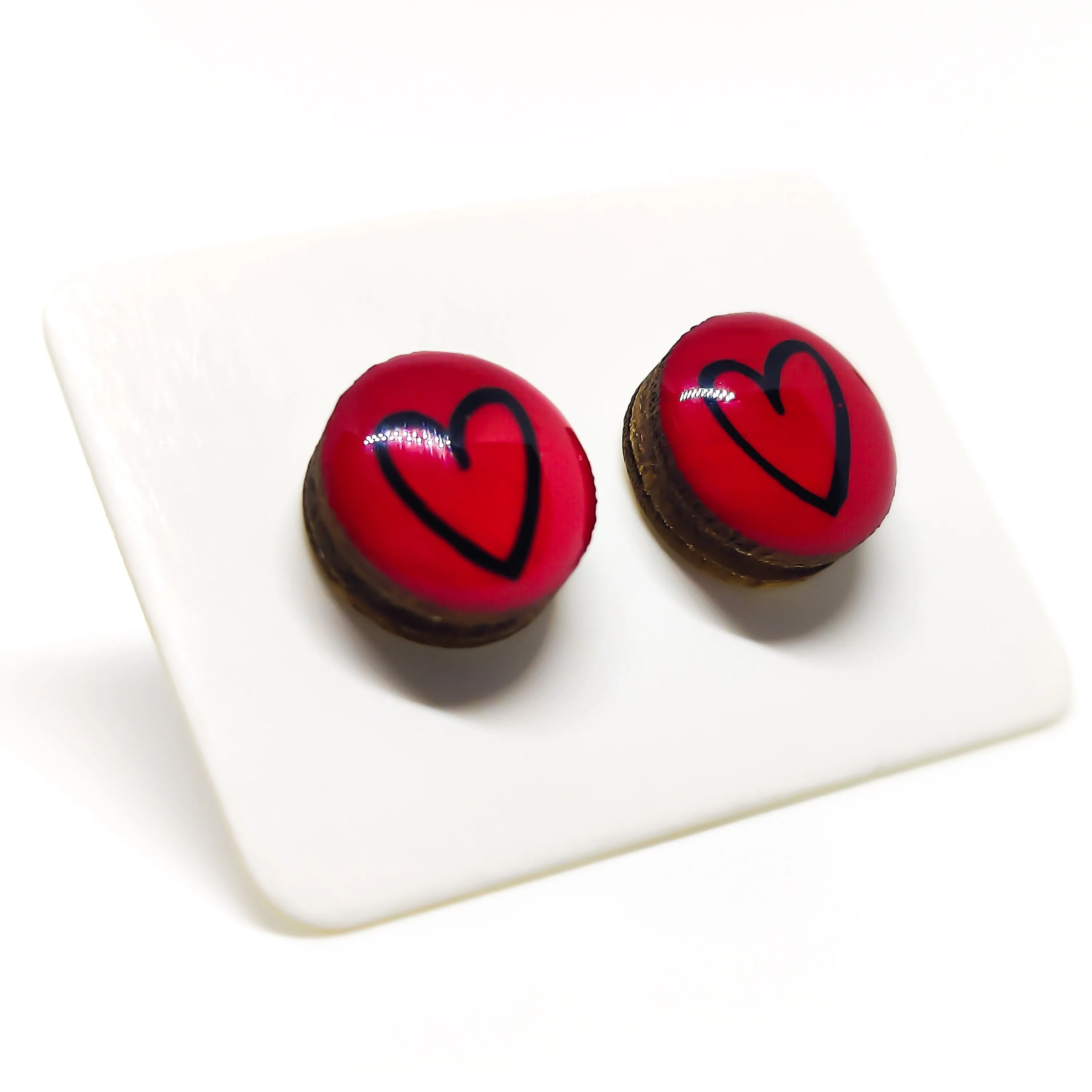 Lipstick Red & Black Hand Drawn Heart Stud Earrings by Candi Cove Designs