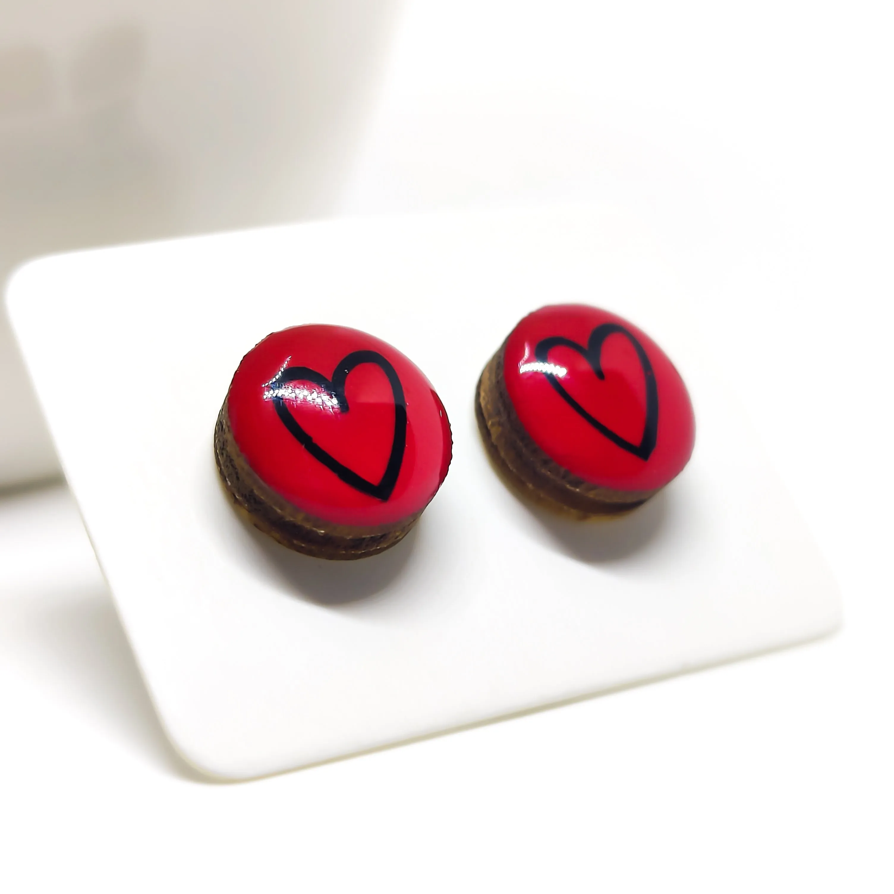 Lipstick Red & Black Hand Drawn Heart Stud Earrings by Candi Cove Designs