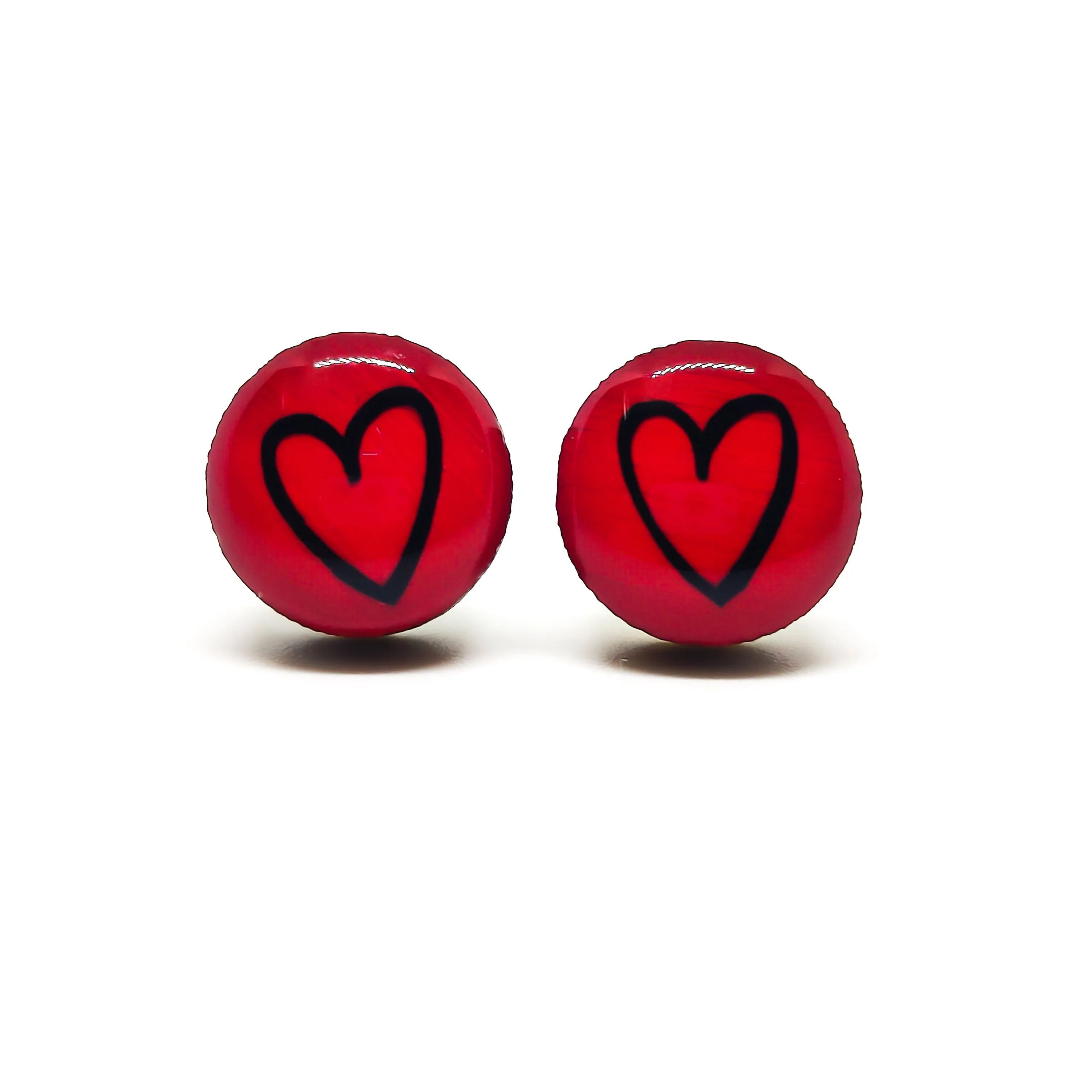 Lipstick Red & Black Hand Drawn Heart Stud Earrings by Candi Cove Designs