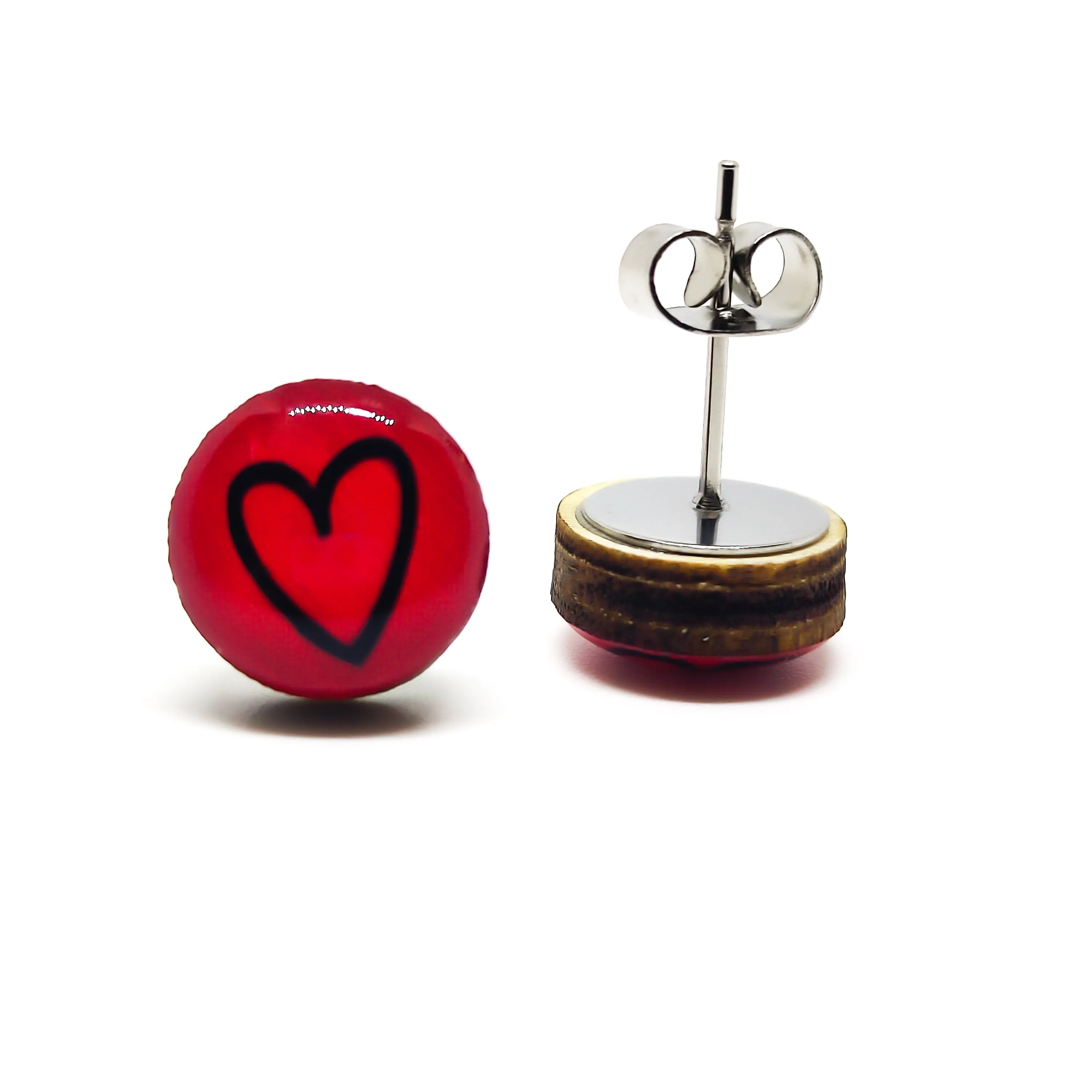 Lipstick Red & Black Hand Drawn Heart Stud Earrings by Candi Cove Designs