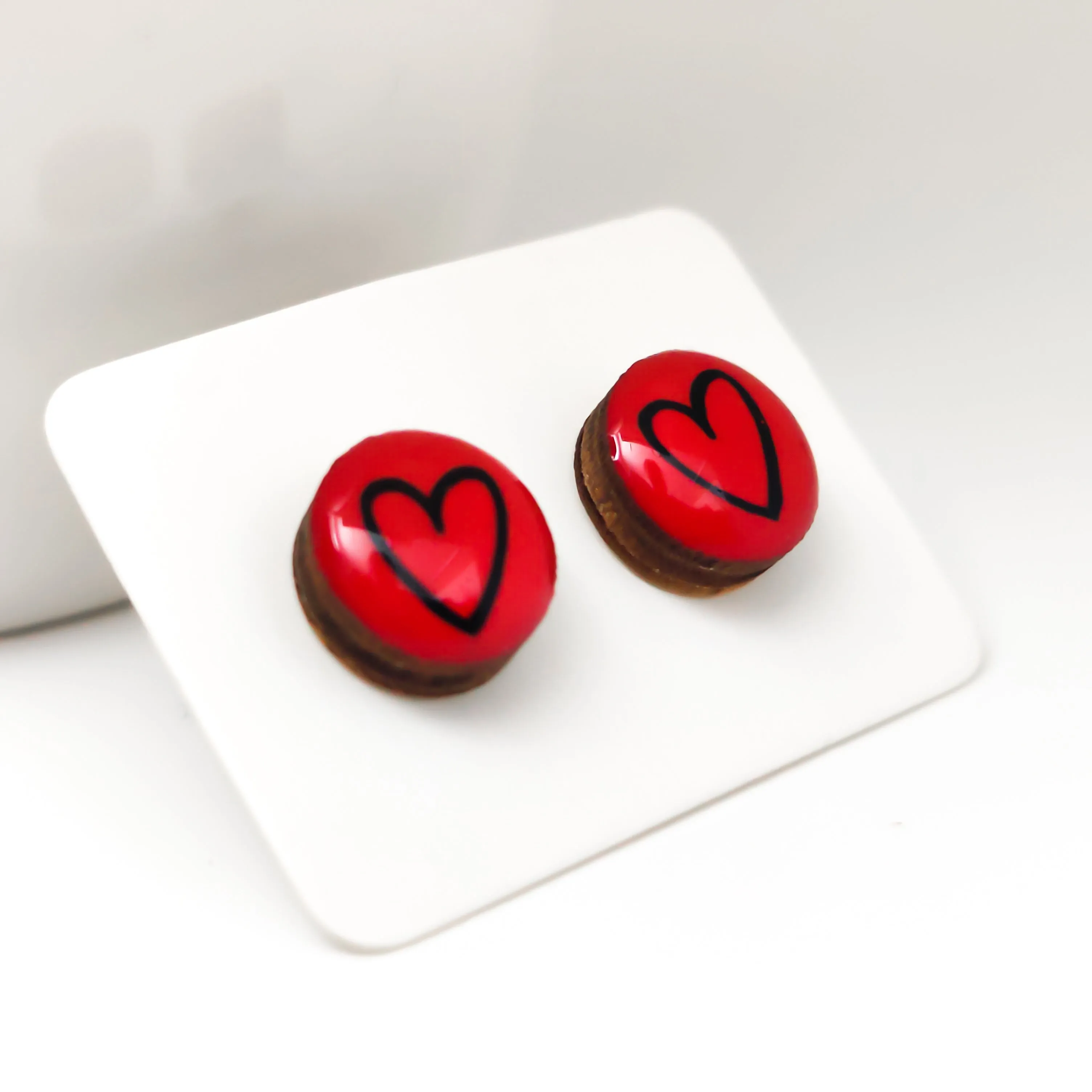 Lipstick Red & Black Hand Drawn Heart Stud Earrings by Candi Cove Designs