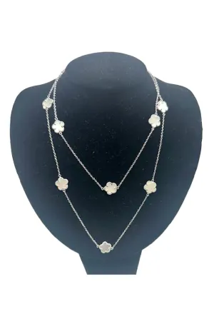 Long Silver MOP Clover Station Necklace