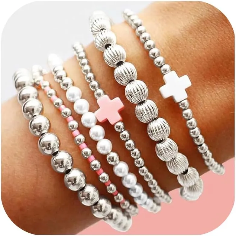 Long tiantian 5PCS Gold Beaded Bracelets for Women Non Tarnish Dainty Pearl Beaded Bracelet for Women Trendy Clay Bead Bracelets Stack Stretch Bracelets for Women Gifts 2025