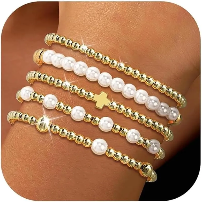 Long tiantian 5PCS Gold Beaded Bracelets for Women Non Tarnish Dainty Pearl Beaded Bracelet for Women Trendy Clay Bead Bracelets Stack Stretch Bracelets for Women Gifts 2025