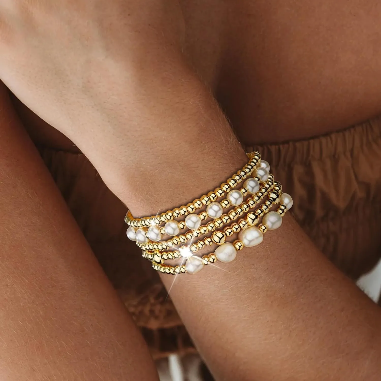 Long tiantian 5PCS Gold Beaded Bracelets for Women Non Tarnish Dainty Pearl Beaded Bracelet for Women Trendy Clay Bead Bracelets Stack Stretch Bracelets for Women Gifts 2025