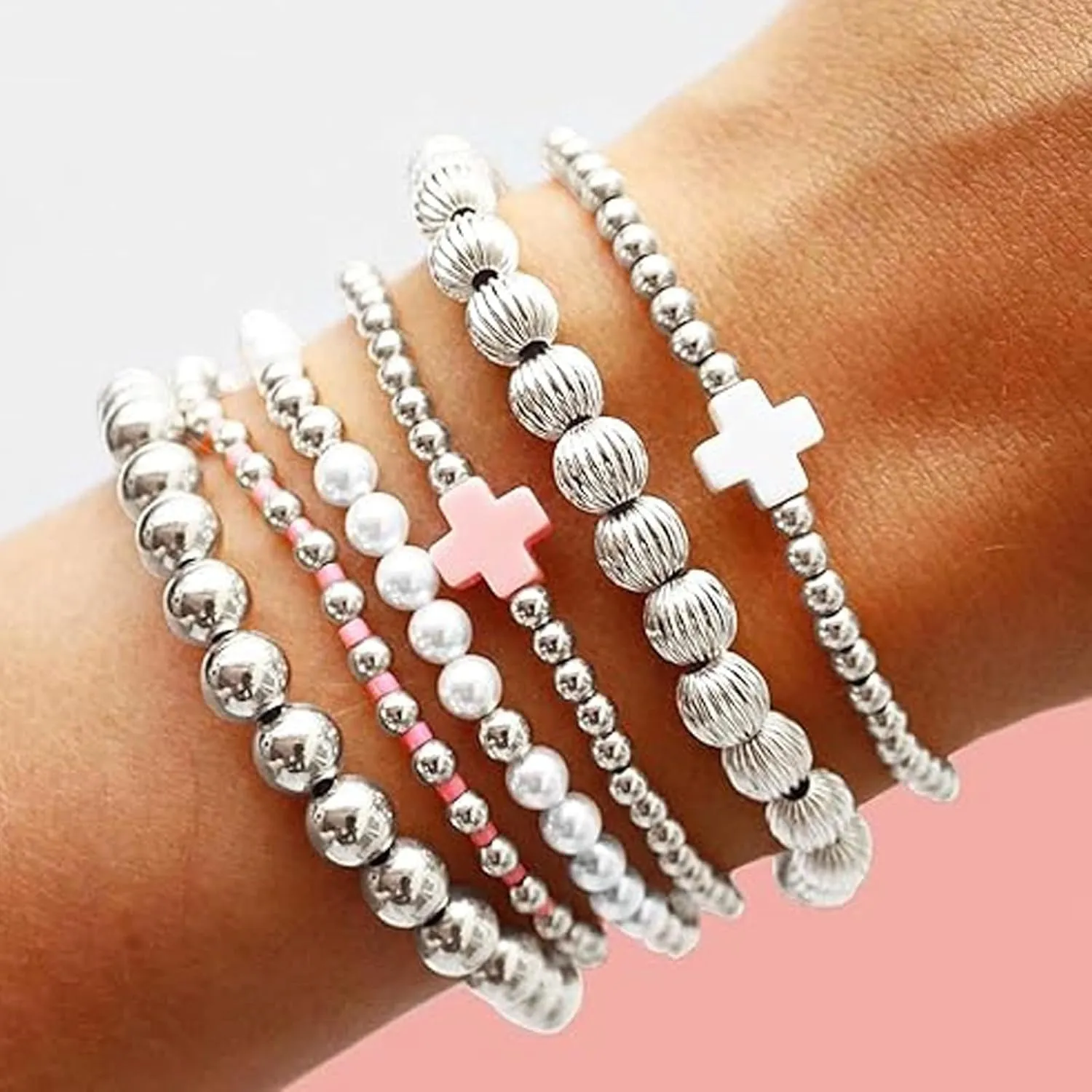 Long tiantian 5PCS Gold Beaded Bracelets for Women Non Tarnish Dainty Pearl Beaded Bracelet for Women Trendy Clay Bead Bracelets Stack Stretch Bracelets for Women Gifts 2025