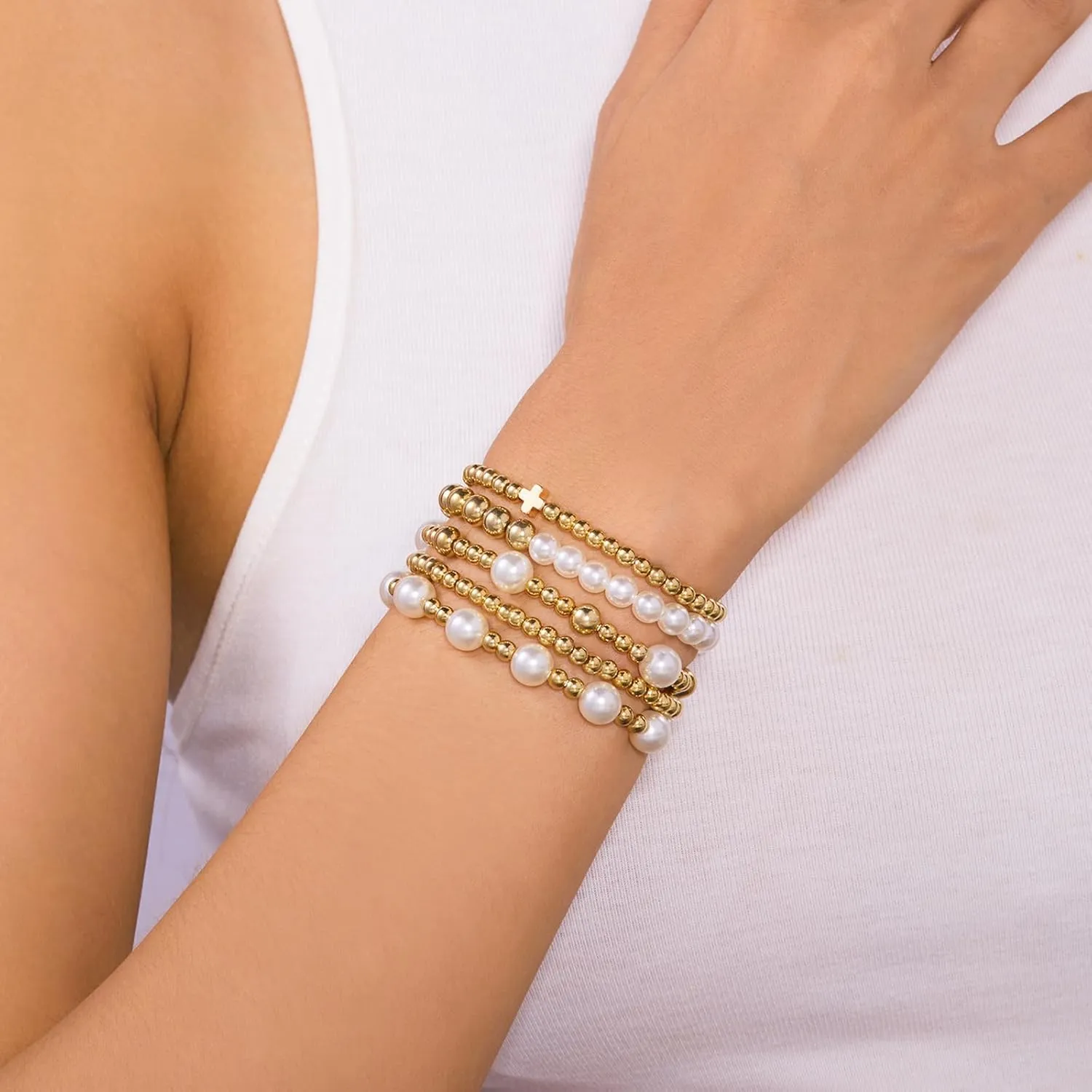 Long tiantian 5PCS Gold Beaded Bracelets for Women Non Tarnish Dainty Pearl Beaded Bracelet for Women Trendy Clay Bead Bracelets Stack Stretch Bracelets for Women Gifts 2025