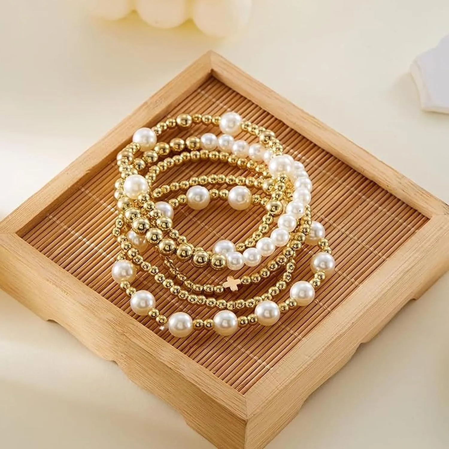 Long tiantian 5PCS Gold Beaded Bracelets for Women Non Tarnish Dainty Pearl Beaded Bracelet for Women Trendy Clay Bead Bracelets Stack Stretch Bracelets for Women Gifts 2025
