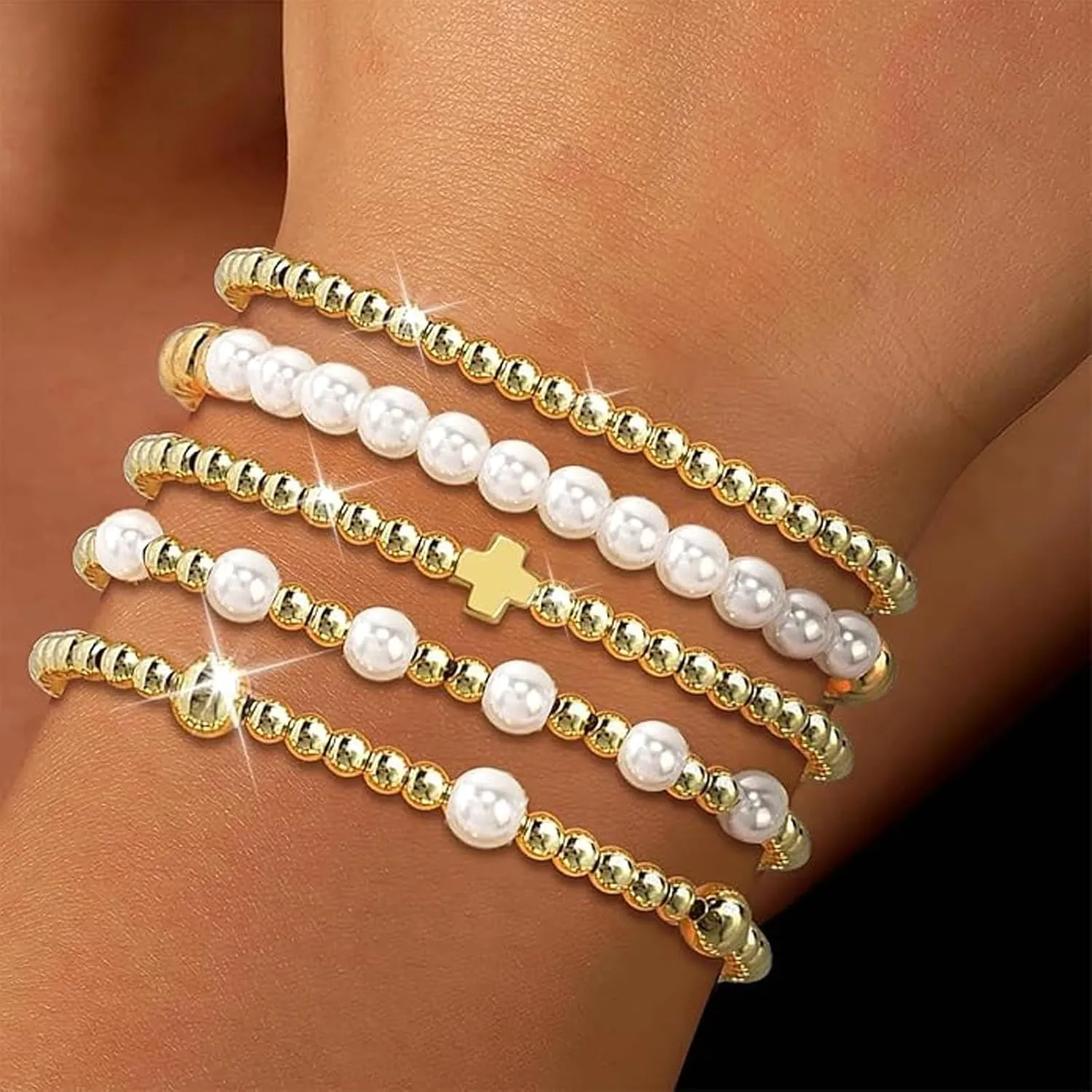 Long tiantian 5PCS Gold Beaded Bracelets for Women Non Tarnish Dainty Pearl Beaded Bracelet for Women Trendy Clay Bead Bracelets Stack Stretch Bracelets for Women Gifts 2025