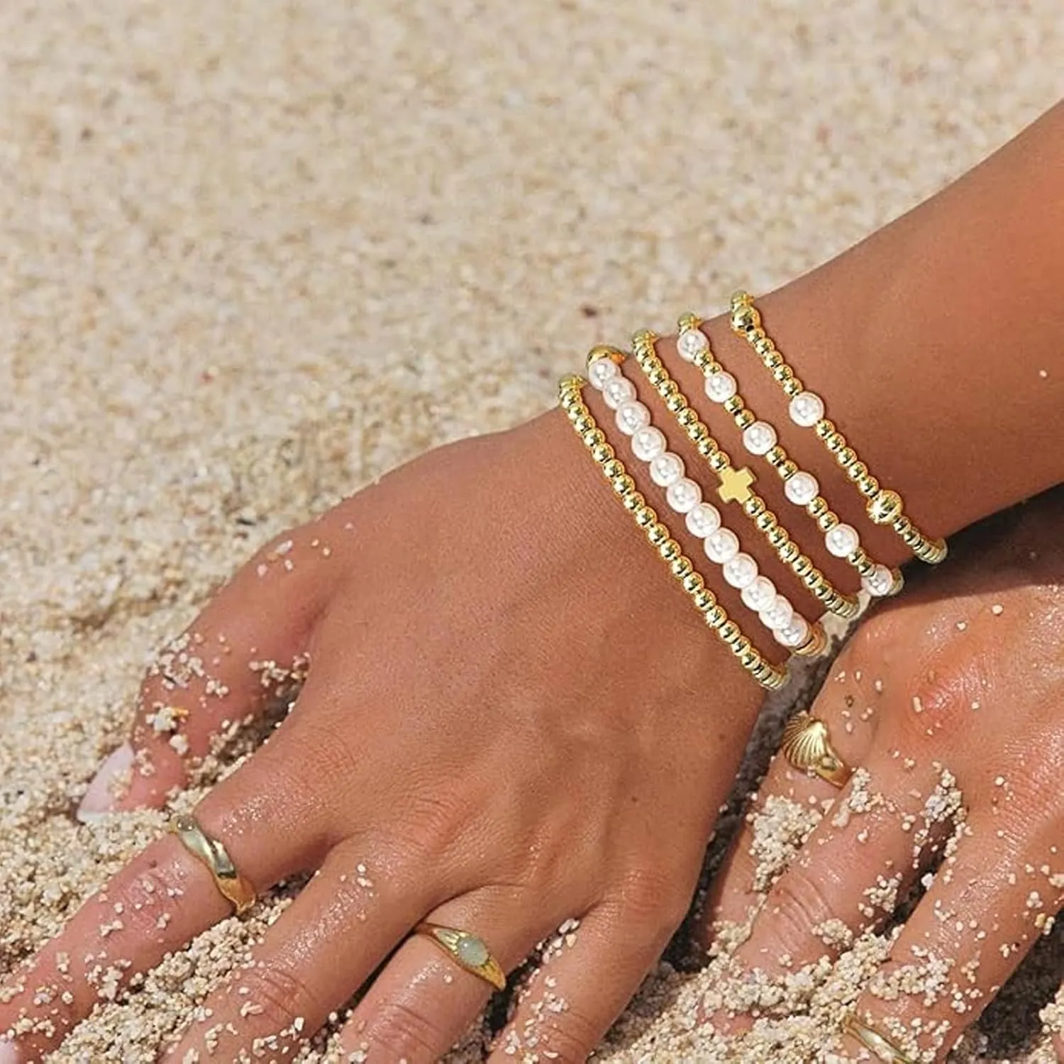 Long tiantian 5PCS Gold Beaded Bracelets for Women Non Tarnish Dainty Pearl Beaded Bracelet for Women Trendy Clay Bead Bracelets Stack Stretch Bracelets for Women Gifts 2025