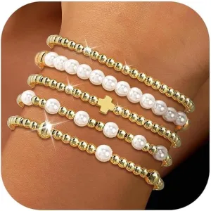 Long tiantian 5PCS Gold Beaded Bracelets for Women Non Tarnish Dainty Pearl Beaded Bracelet for Women Trendy Clay Bead Bracelets Stack Stretch Bracelets for Women Gifts 2025