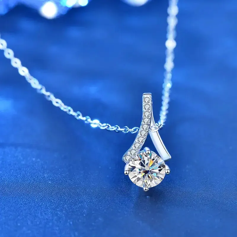 LOVCIA Lady Round Moissanite CZ Waterdrop 925 Sterling Silver Necklace