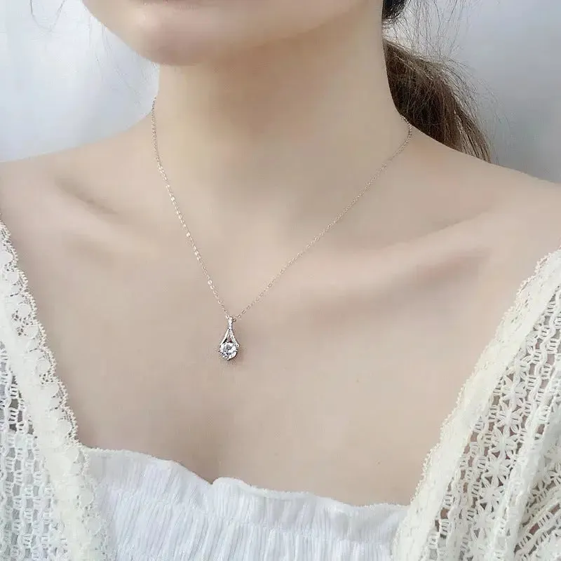 LOVCIA Lady Round Moissanite CZ Waterdrop 925 Sterling Silver Necklace