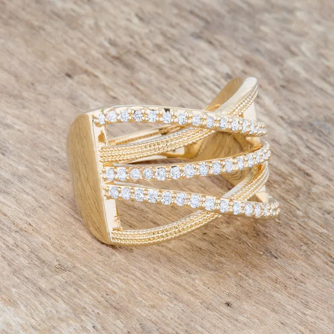 LOVCIA Signature Chic 14k Gold Wide Cocktail Ring with 0.57ct CZ and Woven Cable Design