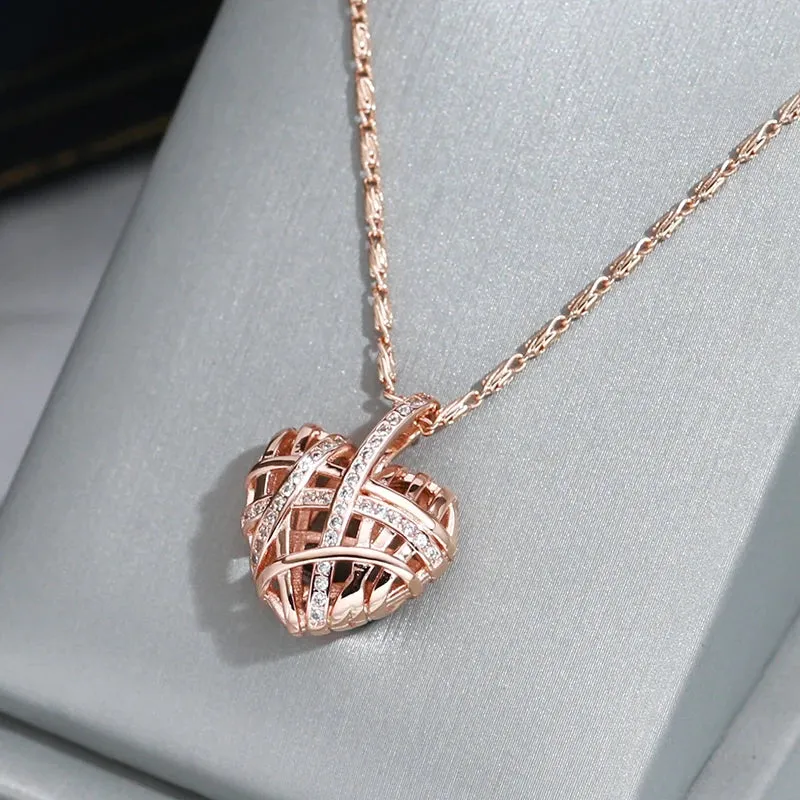 Luxury Filled 14K Rose Gold Wrapped Hollow Love Shape AAA Zircon Diamonds Necklace, Designer's Fine Jewellery