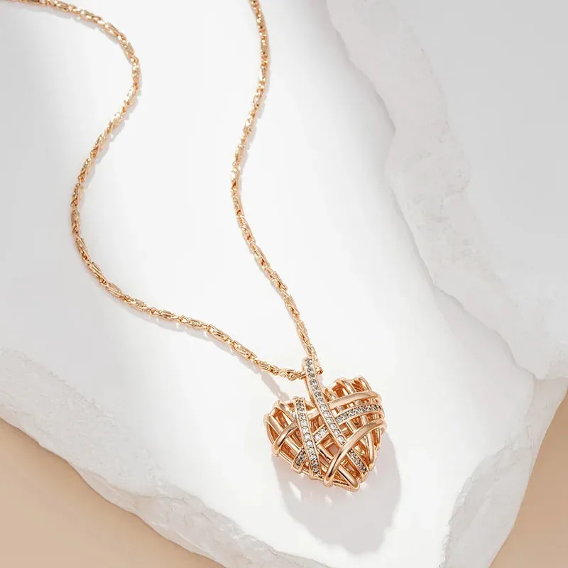 Luxury Filled 14K Rose Gold Wrapped Hollow Love Shape AAA Zircon Diamonds Necklace, Designer's Fine Jewellery