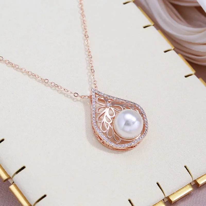 Luxury Water Drop Rolled 14K Rose Gold AAA Zircon Diamonds Pearl Necklace for Women -  Charming Fine Jewellery