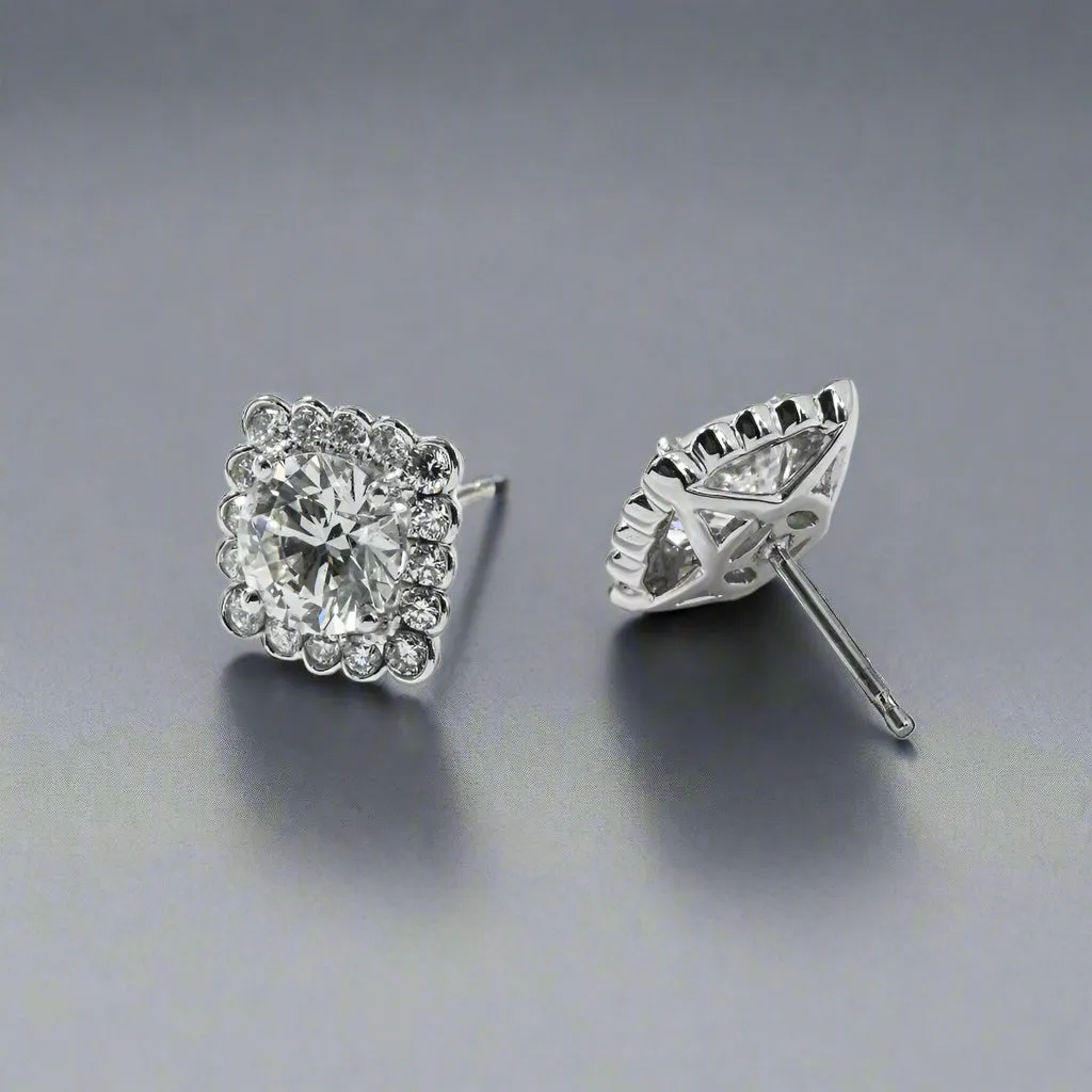 Lya 4 Carats Solitaire Halo Lab Grown Round Diamond Stud Earrings in 18K White Gold