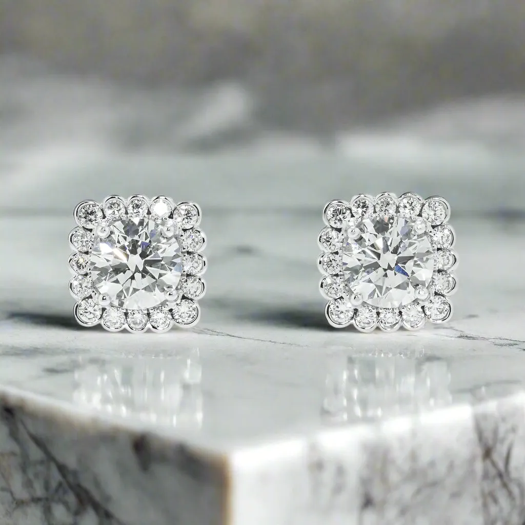 Lya 4 Carats Solitaire Halo Lab Grown Round Diamond Stud Earrings in 18K White Gold