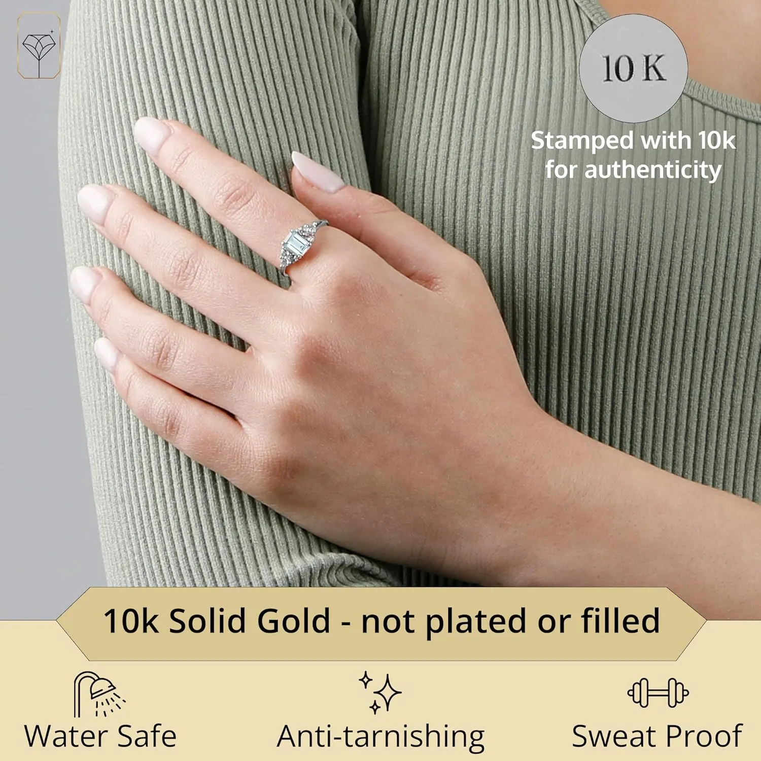 MAX   STONE 10k Gold Gemstone Rings for Women | Emerald Cut Birthstone Ring Anniversary Ring | Anti Tarnishing Cocktail Ring with Gift Box in Size 5 to 9