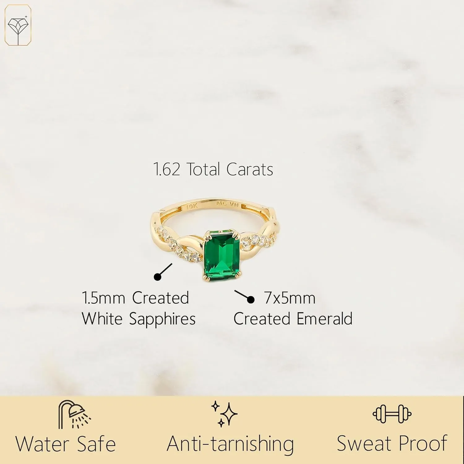 MAX   STONE Solid 10K Gold Emerald Cut Gemstone Rings for Women with Twisted Band | Birthstone Rings in Size 6 to 8 | Anti Tarnishing Statement Cocktail Ring with Gift Box