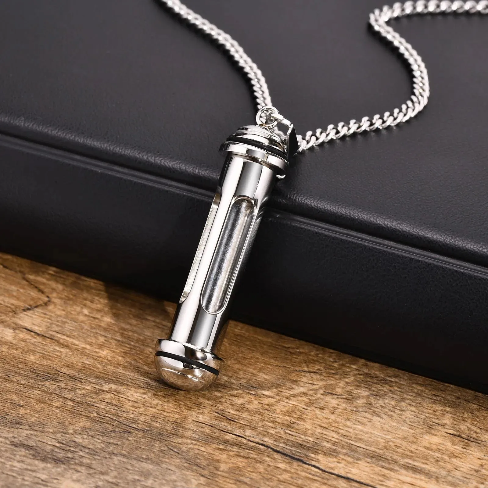 Men Stylish Stainless Steel Cylinder Pendant Necklace