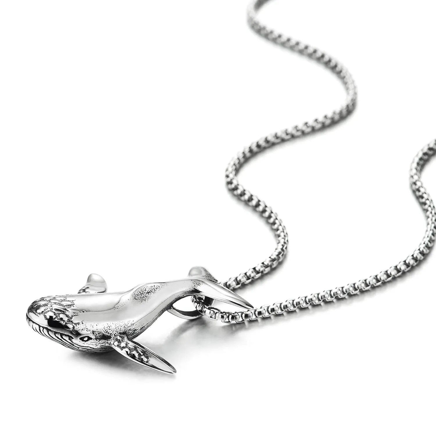 Mens Womens Stainless Steel Vintage Whale Pendant Necklace with 30 inch Wheat Chain, Unique