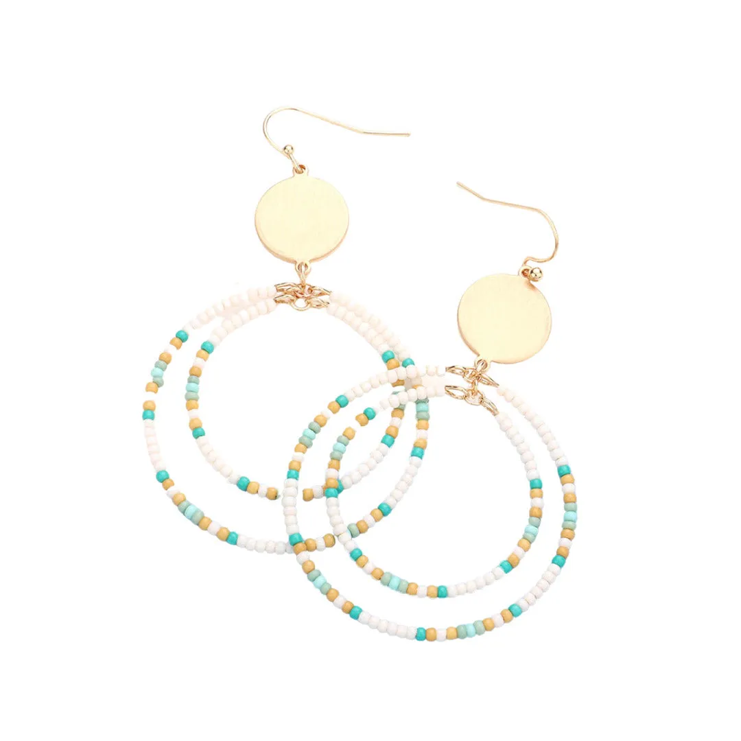 Metal Disc Seed Bead Double Open Circle Link Dangle Earrings