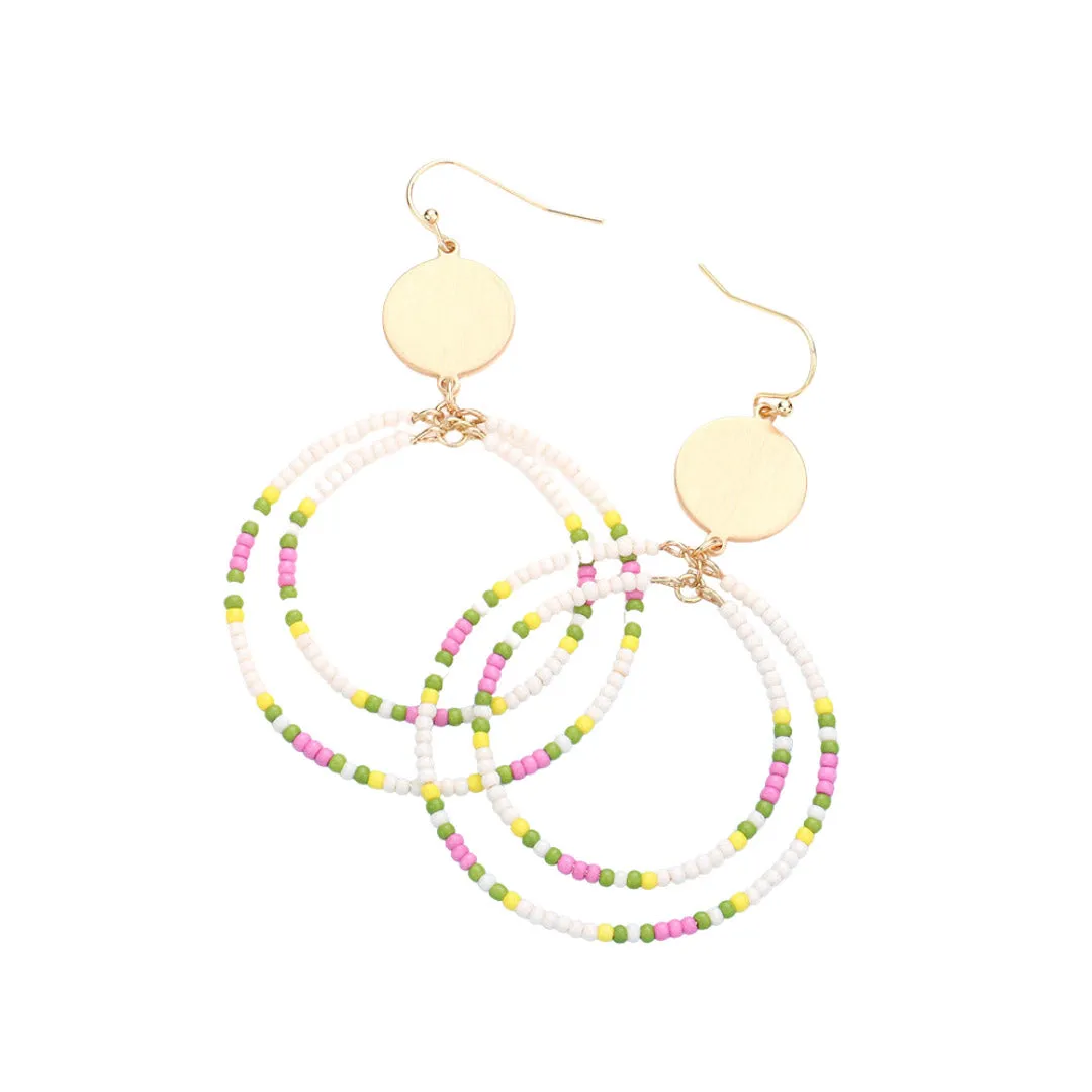 Metal Disc Seed Bead Double Open Circle Link Dangle Earrings