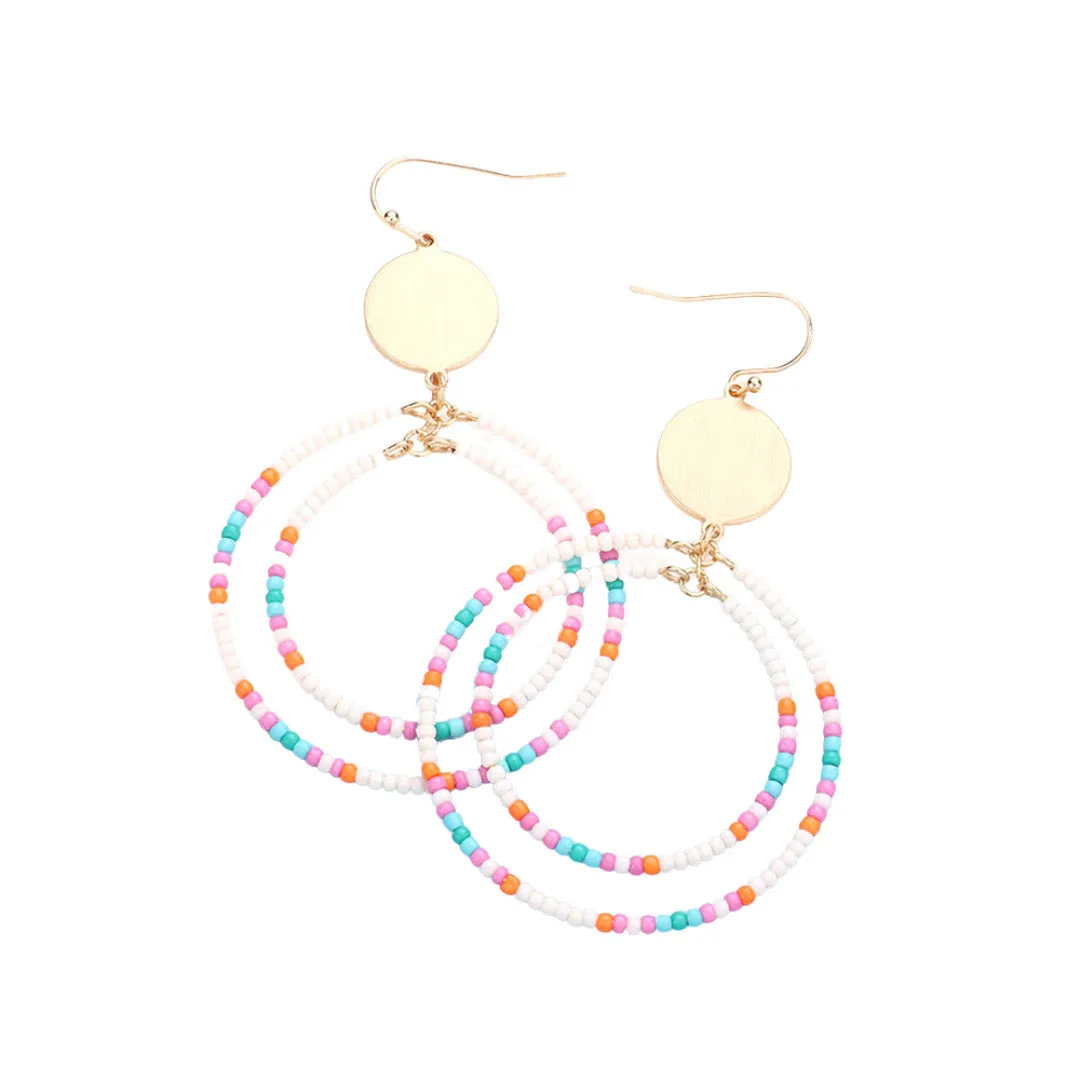 Metal Disc Seed Bead Double Open Circle Link Dangle Earrings