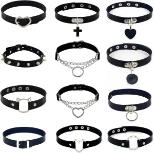 MJartoria Gothic Jewelry-Goth PU Leather Choker Necklaces for Women-Heart Punk Rock Adjustable Black Collar Choker Necklaces Birthday Gifts
