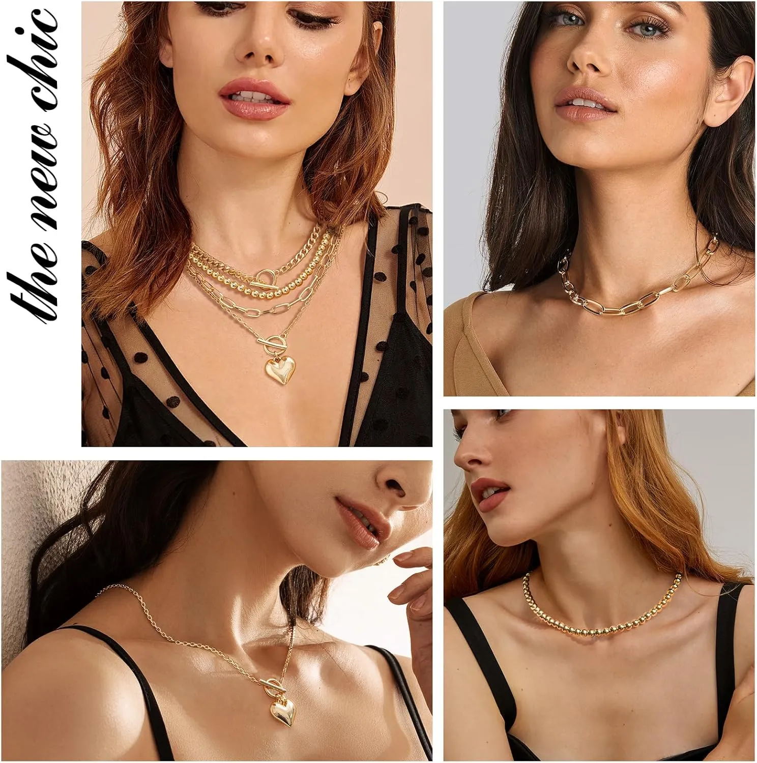 MJartoria Layered Gold Necklaces Stack for Women, Chunky Gold Necklace Dainty Pearl Necklace Starfish Shell Beaded Choker Necklaces Beach Jewelry Gifts