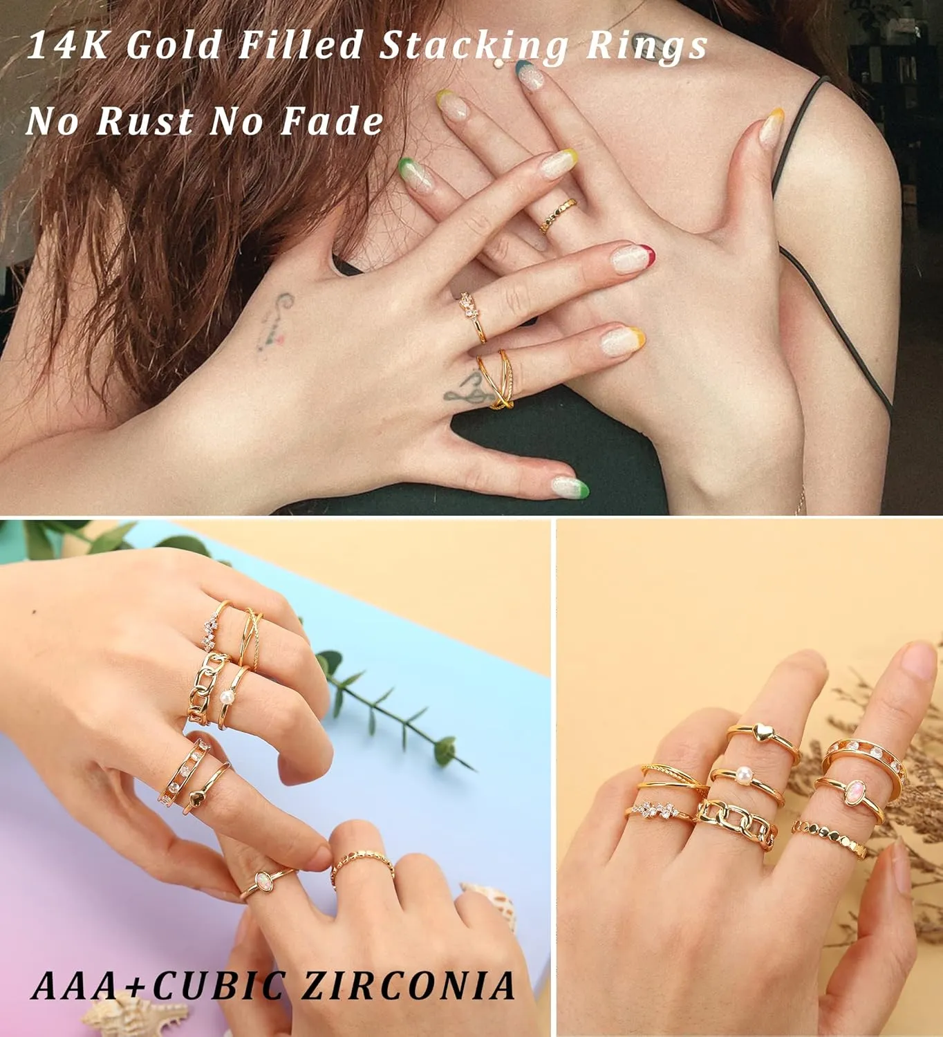 MJust 8Pcs 14K Gold Rings for Women-Triple Band Rings Danity Stackable Rings for Women Non-Tarnish Gold Rings Opal Heart CZ Fashion Stacking Rings Set Size 5-10