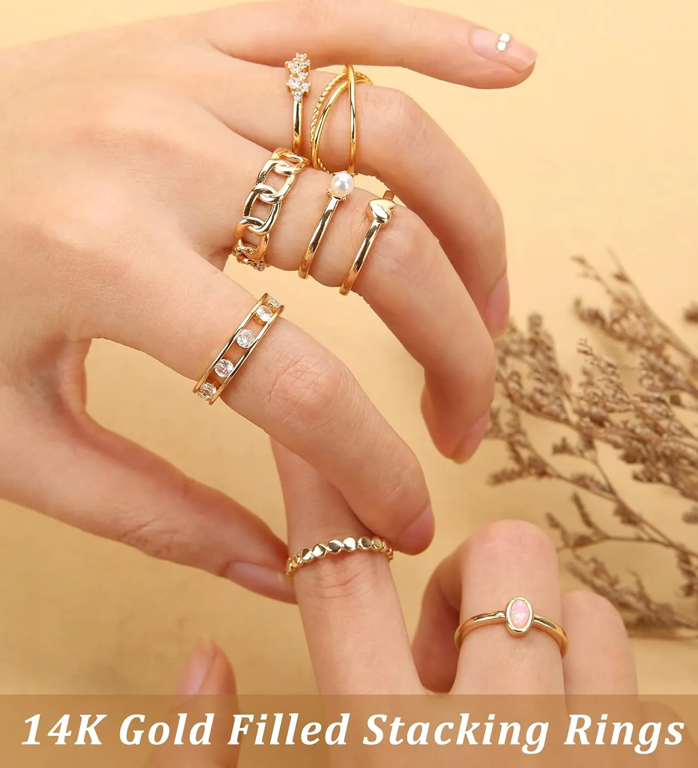 MJust 8Pcs 14K Gold Rings for Women-Triple Band Rings Danity Stackable Rings for Women Non-Tarnish Gold Rings Opal Heart CZ Fashion Stacking Rings Set Size 5-10