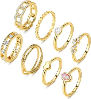 MJust 8Pcs 14K Gold Rings for Women-Triple Band Rings Danity Stackable Rings for Women Non-Tarnish Gold Rings Opal Heart CZ Fashion Stacking Rings Set Size 5-10