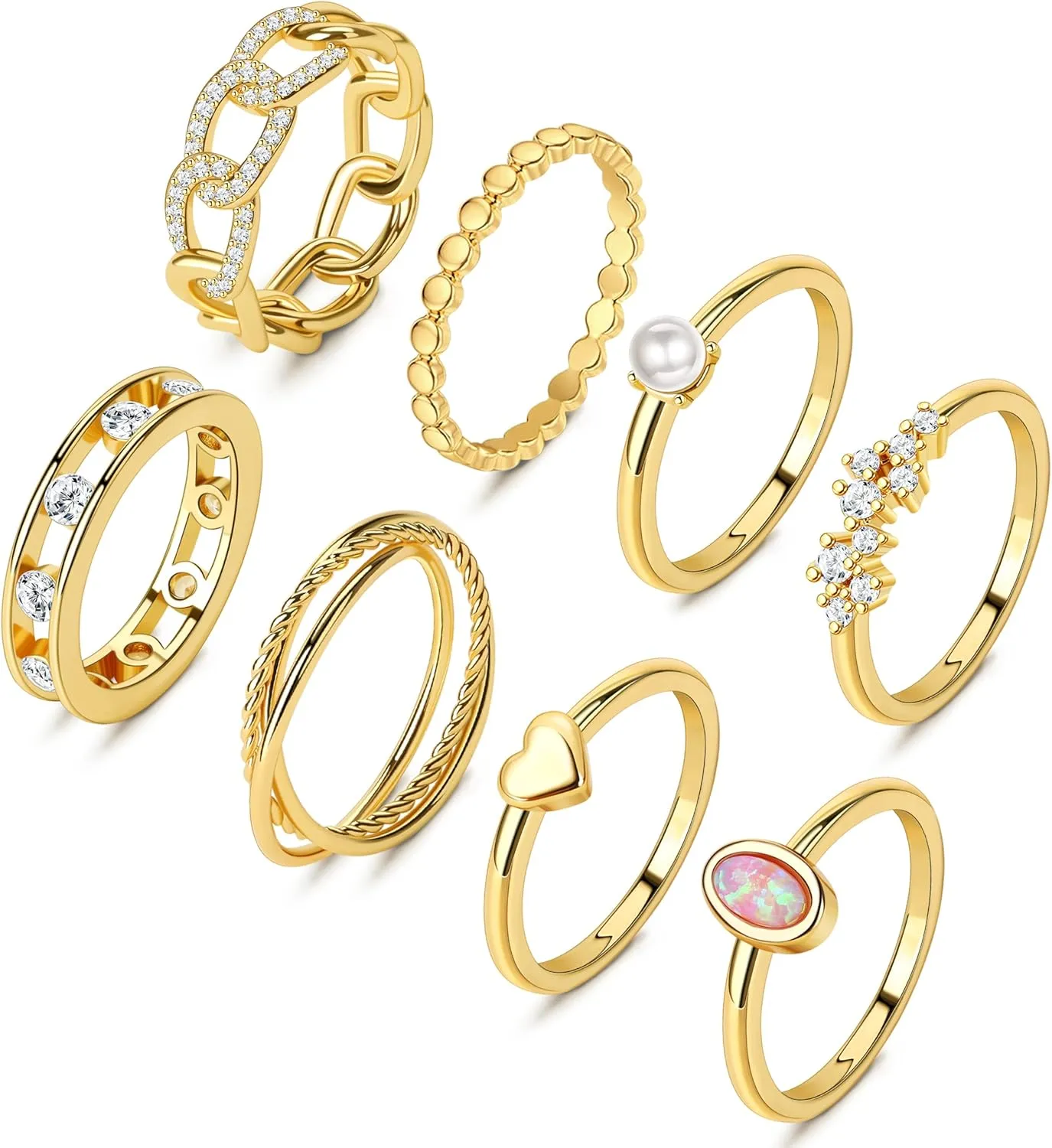 MJust 8Pcs 14K Gold Rings for Women-Triple Band Rings Danity Stackable Rings for Women Non-Tarnish Gold Rings Opal Heart CZ Fashion Stacking Rings Set Size 5-10