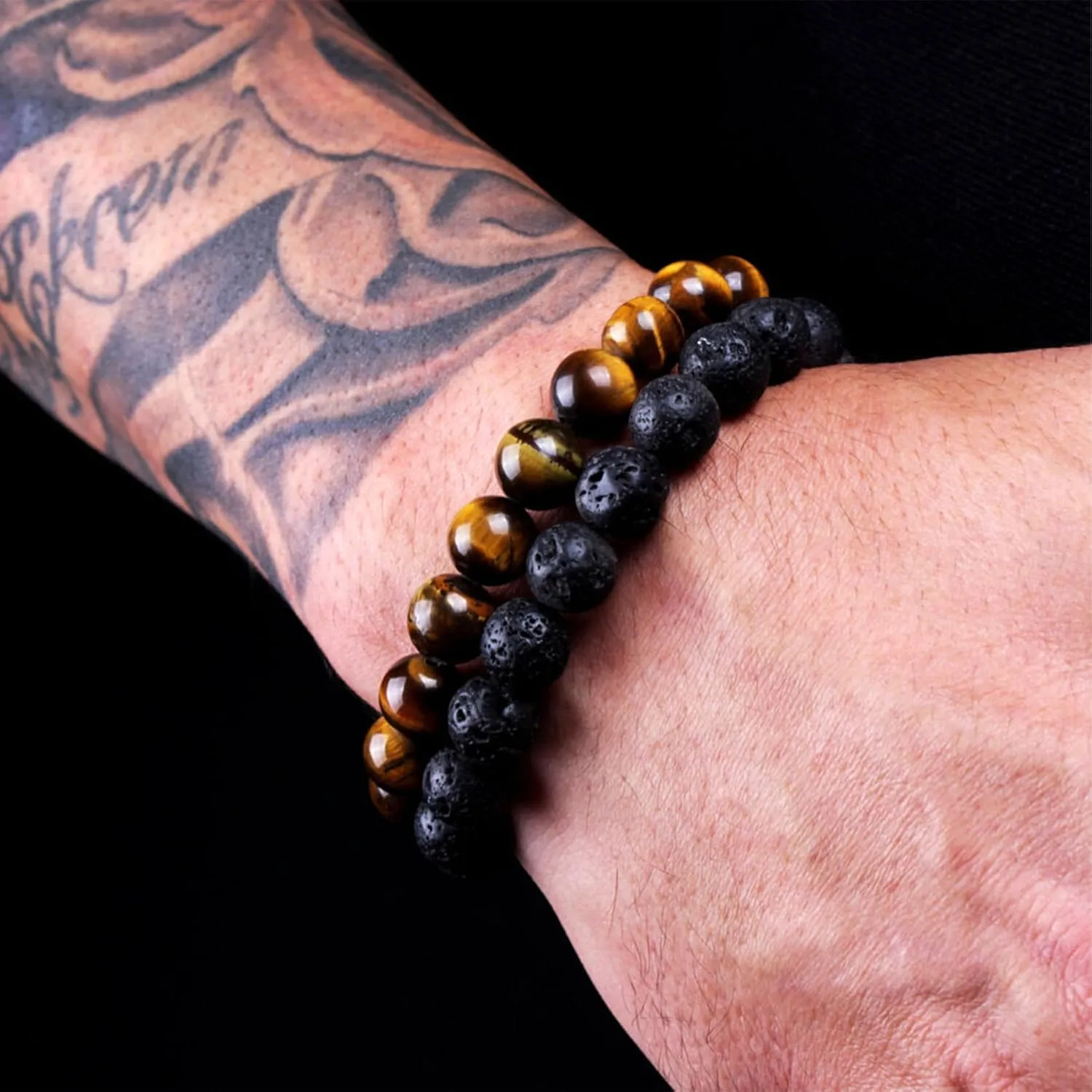MOROTOLE Mens Beaded Bracelet Tiger Eye 8MM Natural Stone Beads Bracelet Set Adjustable Stretch Lava Rock Bracelets for Men Black Crystal Beaded Bracelets for Men Father Boyfriend Brother Gifts
