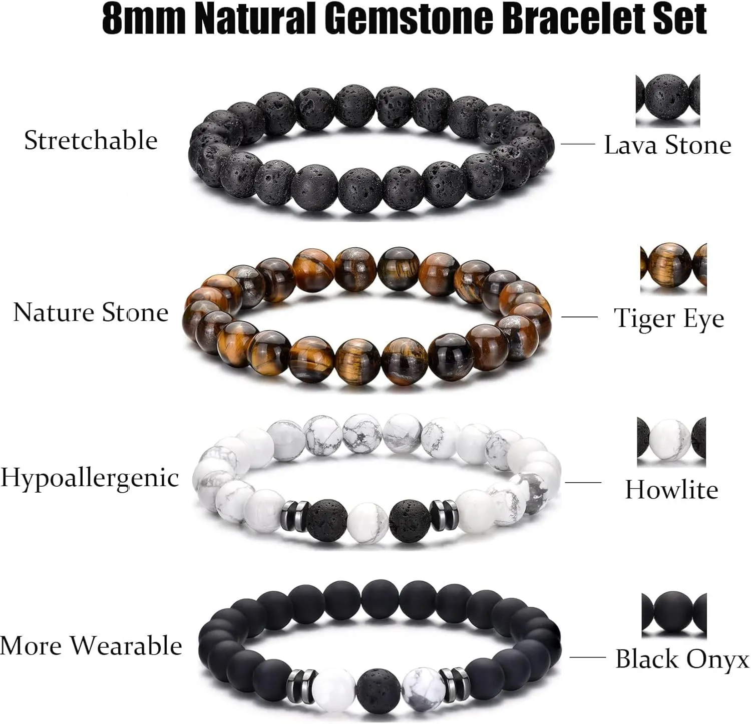 MOROTOLE Mens Beaded Bracelet Tiger Eye 8MM Natural Stone Beads Bracelet Set Adjustable Stretch Lava Rock Bracelets for Men Black Crystal Beaded Bracelets for Men Father Boyfriend Brother Gifts