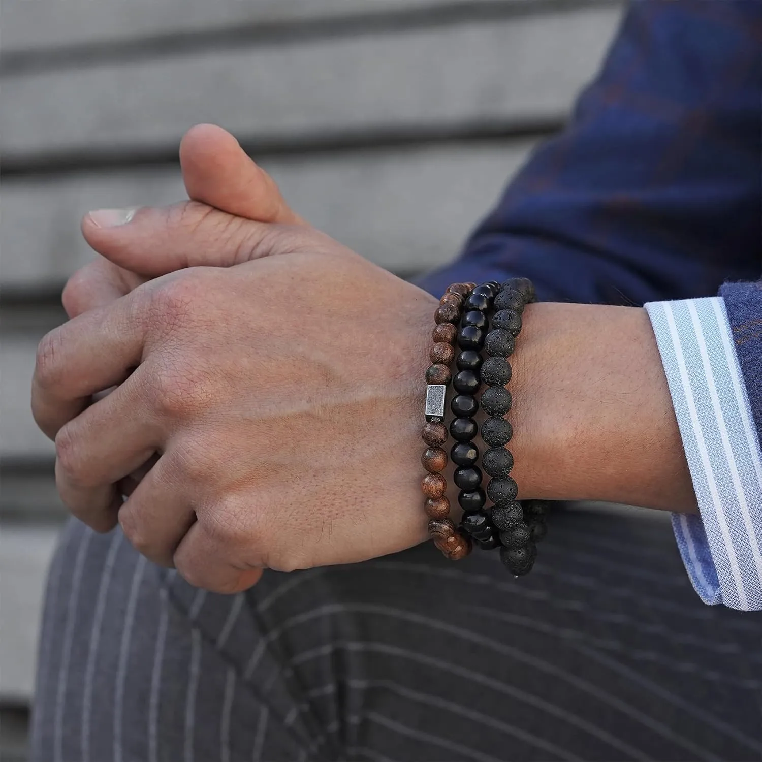 MOROTOLE Mens Beaded Bracelet Tiger Eye 8MM Natural Stone Beads Bracelet Set Adjustable Stretch Lava Rock Bracelets for Men Black Crystal Beaded Bracelets for Men Father Boyfriend Brother Gifts