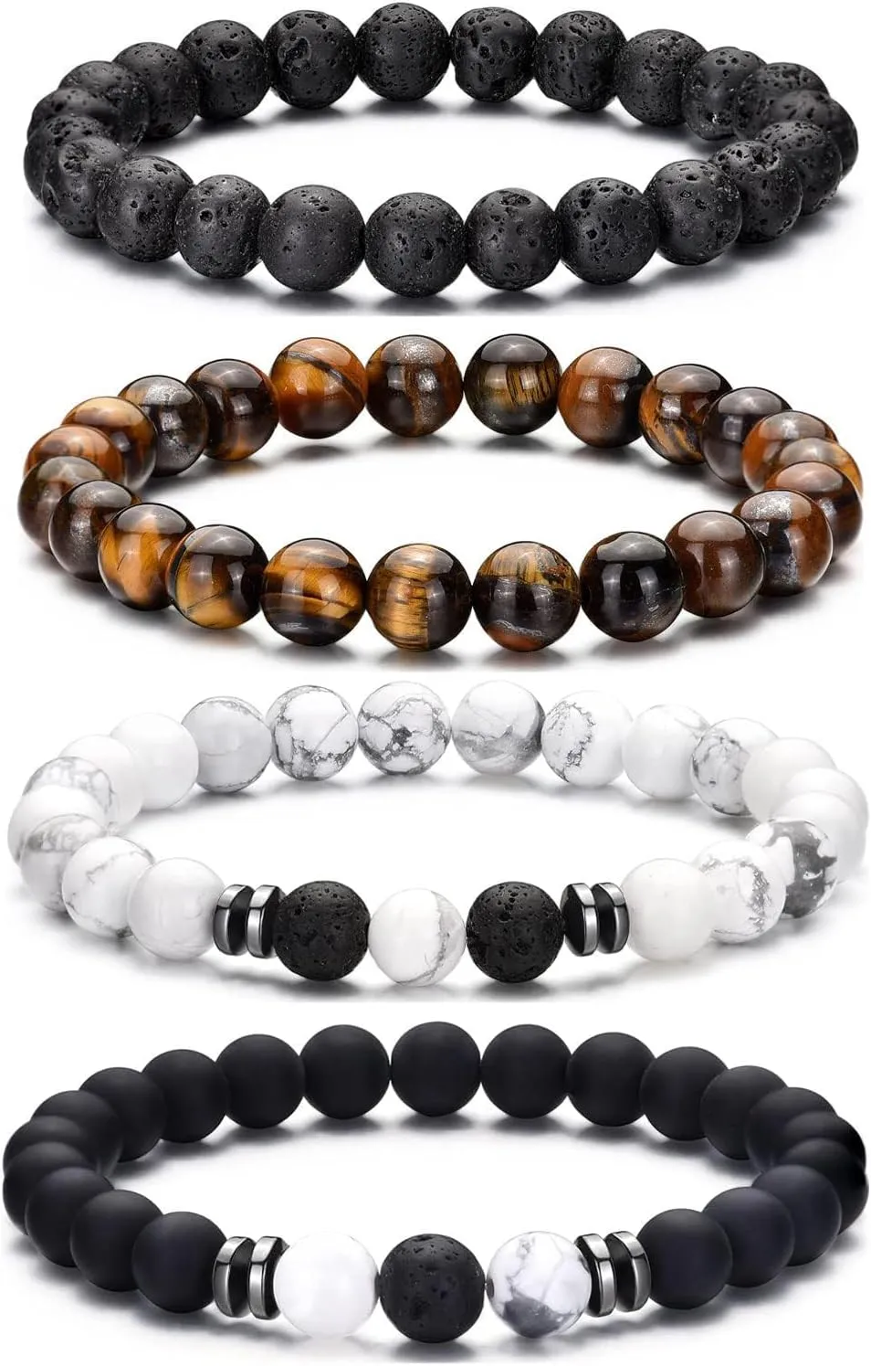 MOROTOLE Mens Beaded Bracelet Tiger Eye 8MM Natural Stone Beads Bracelet Set Adjustable Stretch Lava Rock Bracelets for Men Black Crystal Beaded Bracelets for Men Father Boyfriend Brother Gifts