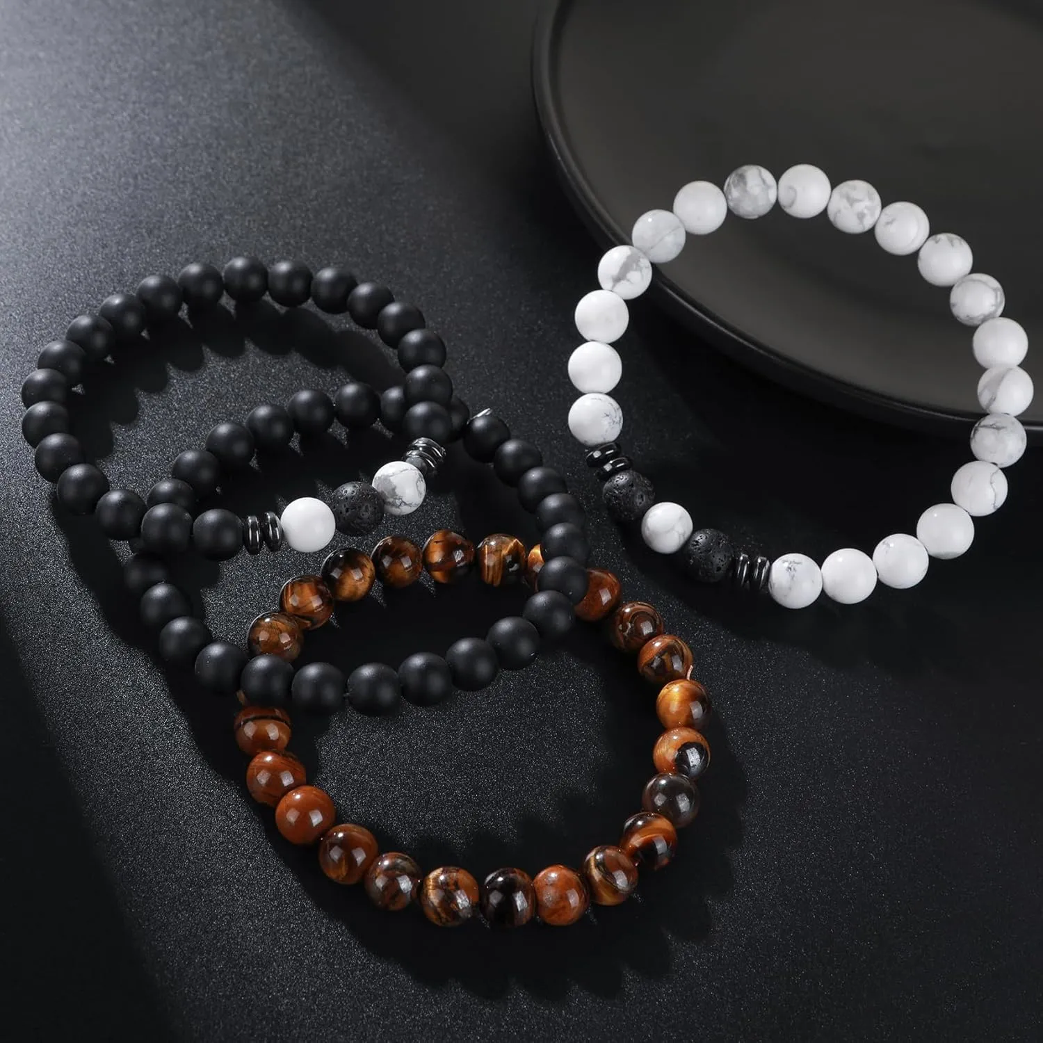 MOROTOLE Mens Beaded Bracelet Tiger Eye 8MM Natural Stone Beads Bracelet Set Adjustable Stretch Lava Rock Bracelets for Men Black Crystal Beaded Bracelets for Men Father Boyfriend Brother Gifts