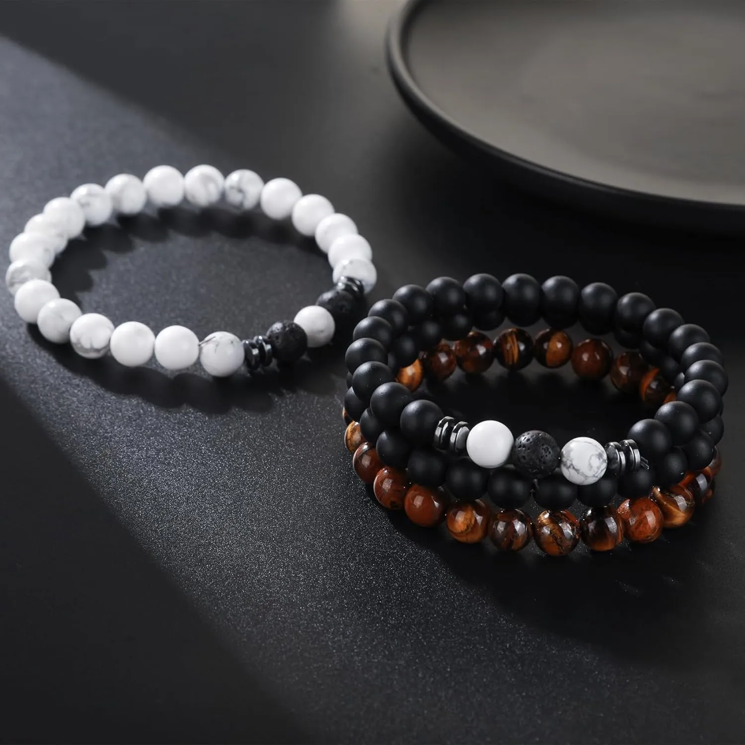 MOROTOLE Mens Beaded Bracelet Tiger Eye 8MM Natural Stone Beads Bracelet Set Adjustable Stretch Lava Rock Bracelets for Men Black Crystal Beaded Bracelets for Men Father Boyfriend Brother Gifts